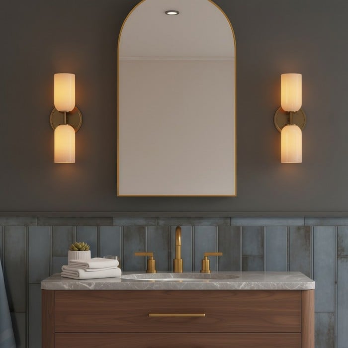 Vega Glass 2 Light Wall Sconce with Champagne Glass Shades - Modern Metal Frame Wall Light for Bathroom & Hallway HL1975