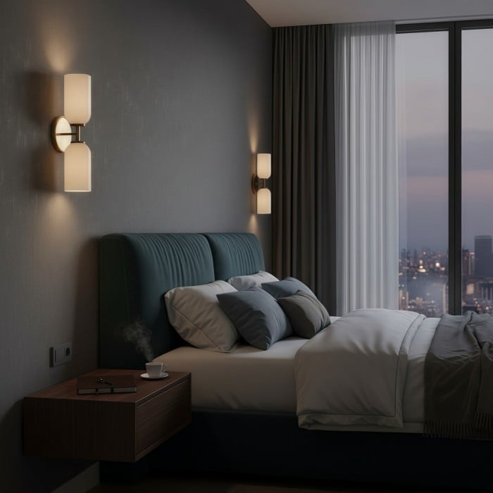 Vega Glass 2 Light Wall Sconce with Champagne Glass Shades - Modern Metal Frame Wall Light for Bathroom & Hallway HL1975