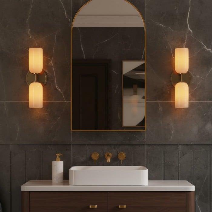 Vega Glass 2 Light Wall Sconce with Champagne Glass Shades - Modern Metal Frame Wall Light for Bathroom & Hallway HL1975