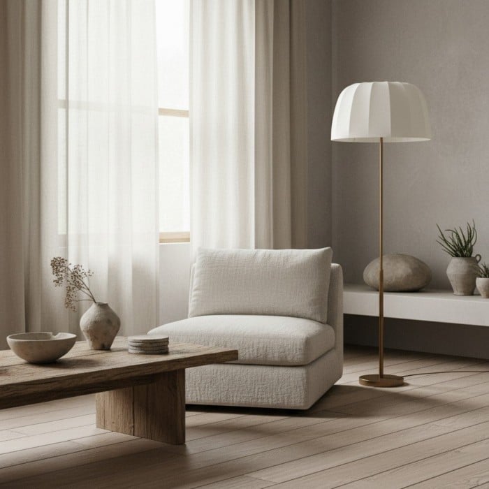 Lámpara de pie Vellaro de latón con pantalla de tela - Lámpara de pie moderna para salón o dormitorio HL1876