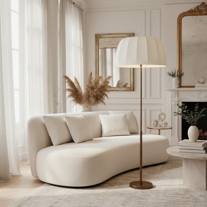 Lámpara de pie Vellaro de latón con pantalla de tela - Lámpara de pie moderna para salón o dormitorio HL1876