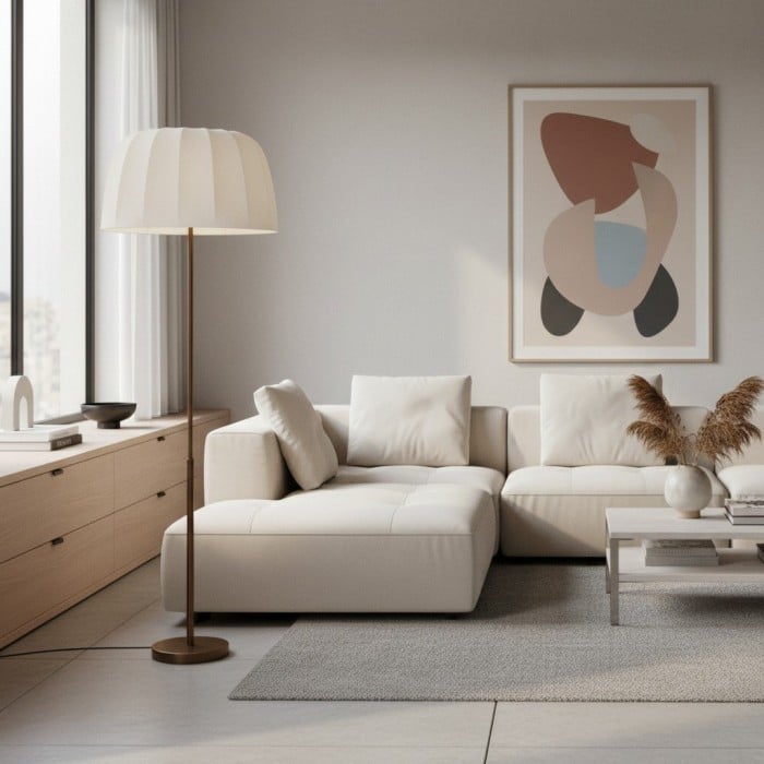 Lámpara de pie Vellaro de latón con pantalla de tela - Lámpara de pie moderna para salón o dormitorio HL1876