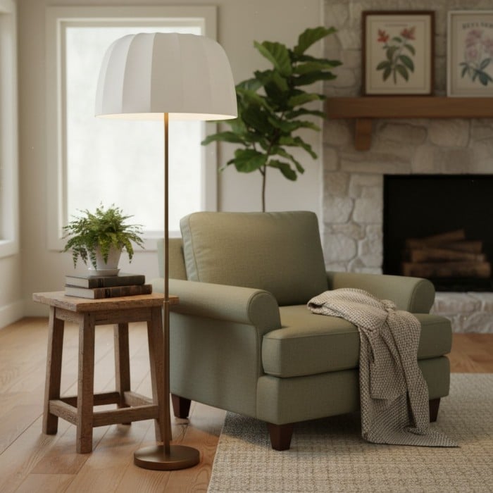 Lámpara de pie Vellaro de latón con pantalla de tela - Lámpara de pie moderna para salón o dormitorio HL1876