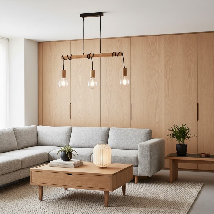 Virell Adjustable Linear Ceiling Light - 3‑Bulb Wooden and Metal Design for Kitchen Island or Office HL2064