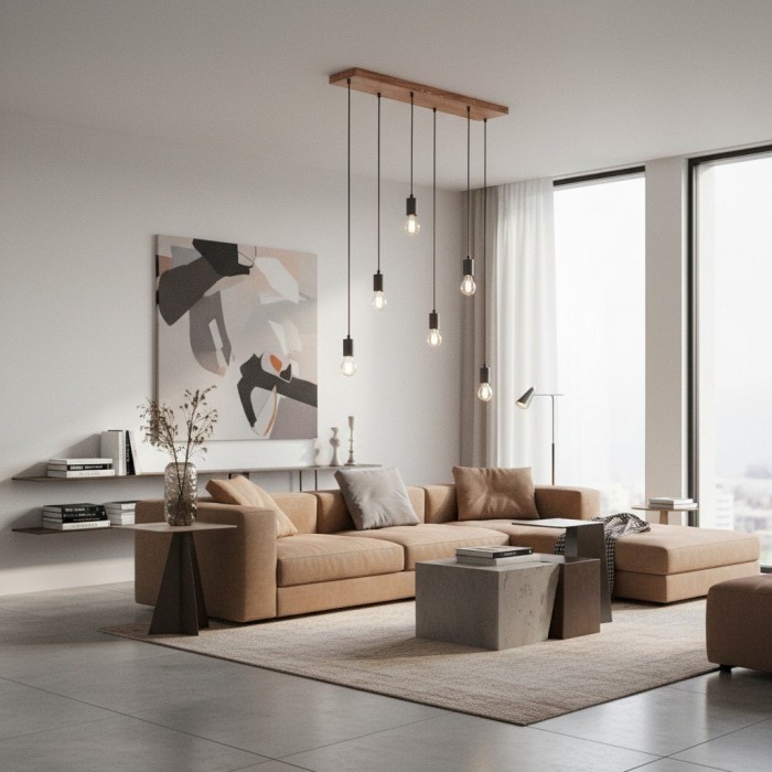 Vornix 6-flammige lineare Pendelleuchte – Moderne Industrieleuchte im Holzbalken-Design für Kücheninsel und Esszimmer HL2049