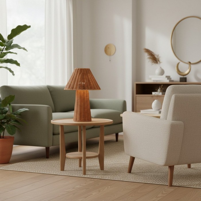 Lámpara de mesa pequeña de ratán escultural Wickara - Acabado tejido natural, ideal para mesas auxiliares y entradas HL1881