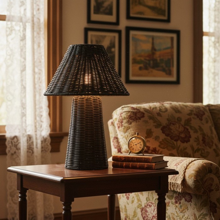 Lámpara de mesa pequeña de ratán escultural Wickara - Acabado tejido natural, ideal para mesas auxiliares y entradas HL1881