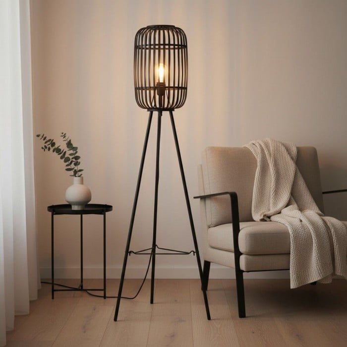 Yumeko Natural Woven Floor Lamp - Modern Scandi Bamboo Shade Standing Lamp for Bedrooms or Living Rooms HL2167