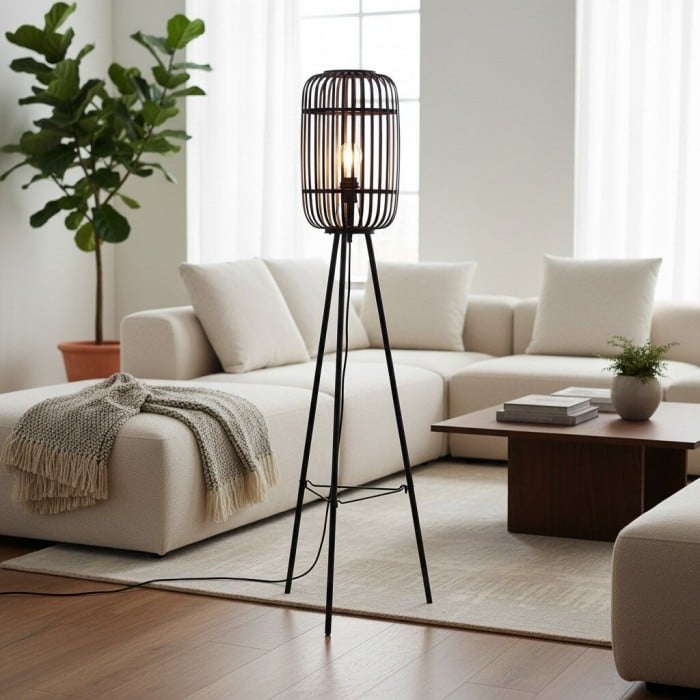Yumeko Natural Woven Floor Lamp - Modern Scandi Bamboo Shade Standing Lamp for Bedrooms or Living Rooms HL2167
