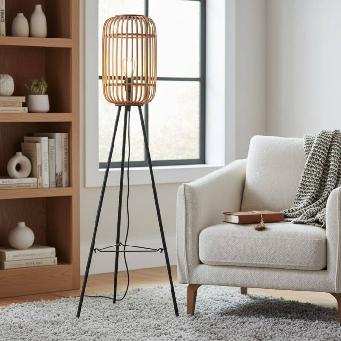 Yumeko Natural Woven Floor Lamp - Modern Scandi Bamboo Shade Standing Lamp for Bedrooms or Living Rooms HL2167