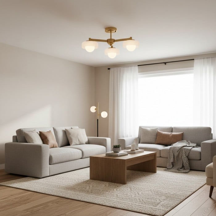 Lámpara colgante Zirvos con esferas de ópalo esmerilado y marco de latón cepillado para sala de estar y comedor HL2132