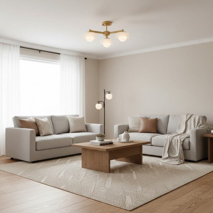 Lámpara colgante Zirvos con esferas de ópalo esmerilado y marco de latón cepillado para sala de estar y comedor HL2132