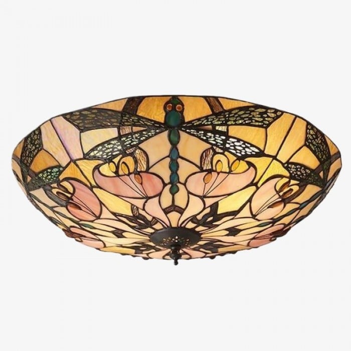 TF Ashton Tiffany Dragonfly Motif Tiffany Glass Flush Surface Mount - Transitional Style for Bedrooms and Lounge Spaces HL2256