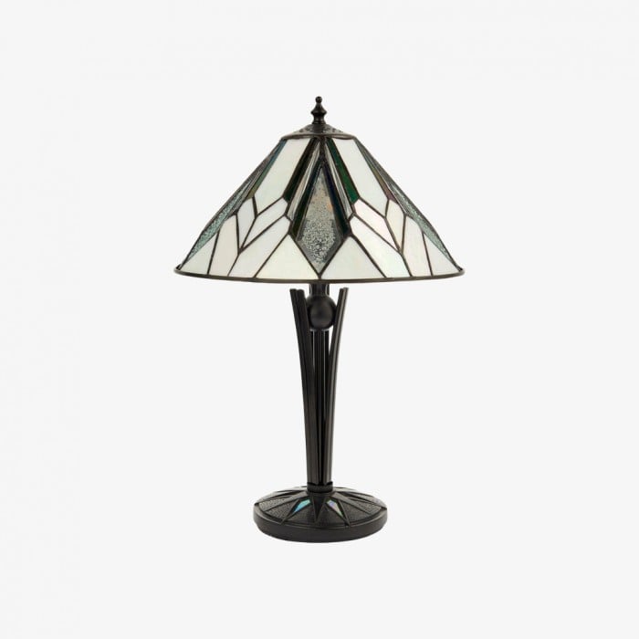TF Astoria Art Deco tafellamp met glas-in-loodkap - Afgeschuinde en iriserende kap voor slaapkamer of woonkamer HL2048