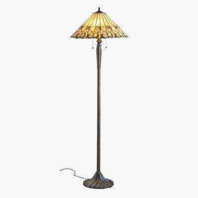Lámpara de pie TF Jamelia con vitral - Pantalla de mosaico en tonos joya - Lámpara de pie decorativa con acabado de columna