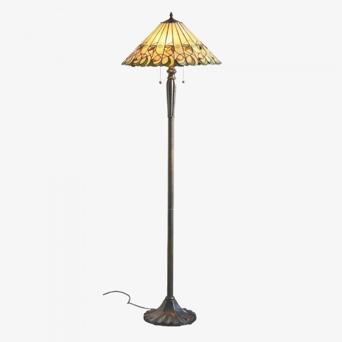 Lámpara de pie TF Jamelia con vitral - Pantalla de mosaico en tonos joya - Lámpara de pie decorativa con acabado de columna