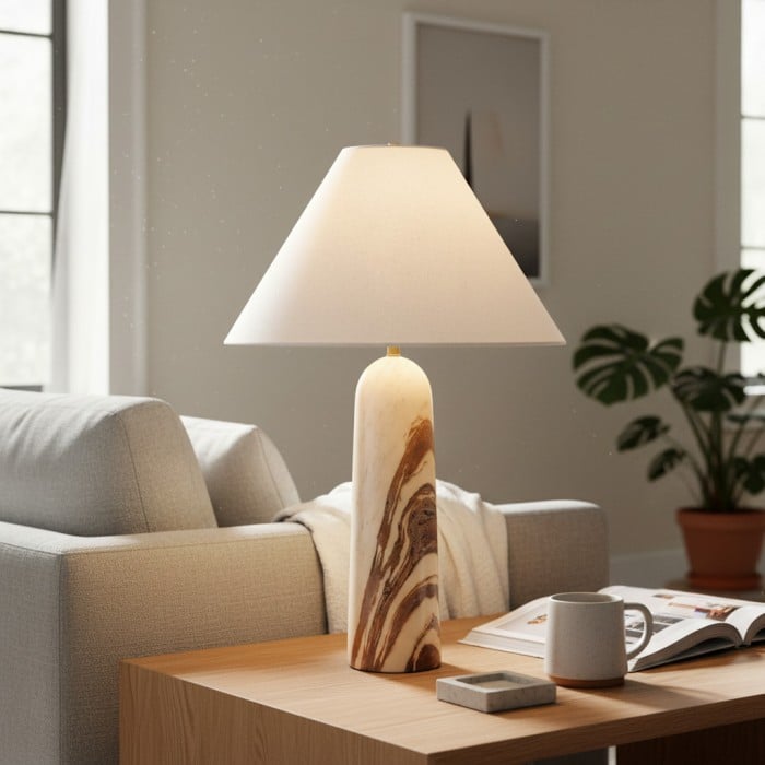 Albi Minimalistische Marmeren Tafellamp – Elegante Stoffen Kap, Geschikt voor Elke Kamer HL2388