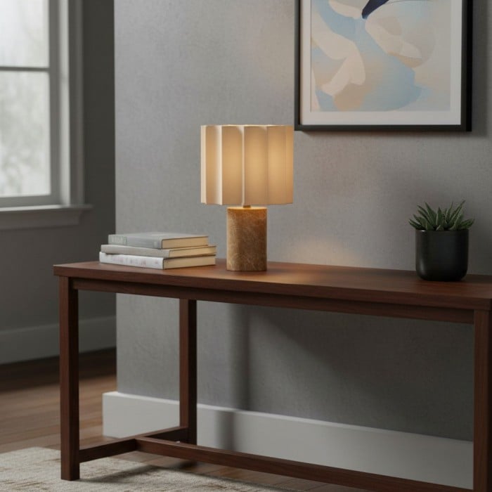 Cavilon Table Lamp with Fan-Shaped Linen Shade - Stone Finishes Suitable for Living Rooms HL2281