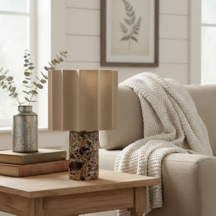 Cavilon Table Lamp with Fan-Shaped Linen Shade - Stone Finishes Suitable for Living Rooms HL2281