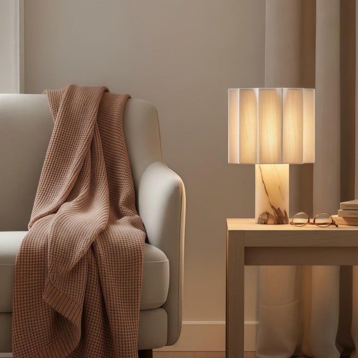 Cavilon Table Lamp with Fan-Shaped Linen Shade - Stone Finishes Suitable for Living Rooms HL2281