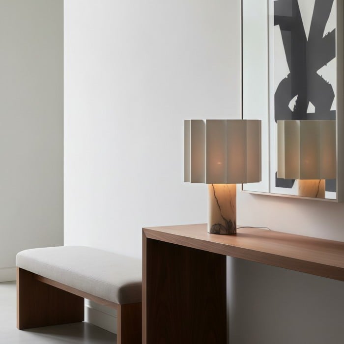 Cavilon Table Lamp with Fan-Shaped Linen Shade - Stone Finishes Suitable for Living Rooms HL2281