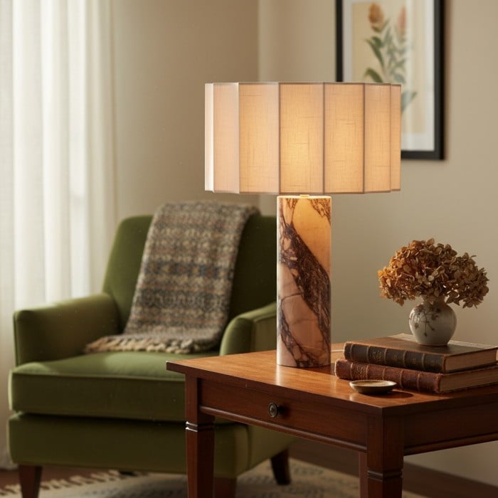 Cavilon Table Lamp with Fan-Shaped Linen Shade - Stone Finishes Suitable for Living Rooms HL2281
