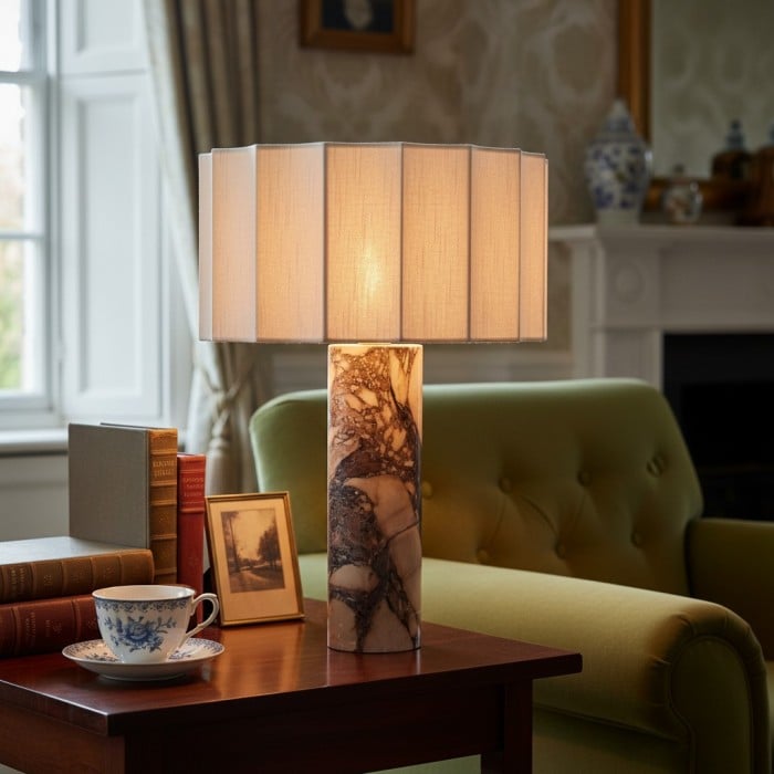 Cavilon Table Lamp with Fan-Shaped Linen Shade - Stone Finishes Suitable for Living Rooms HL2281