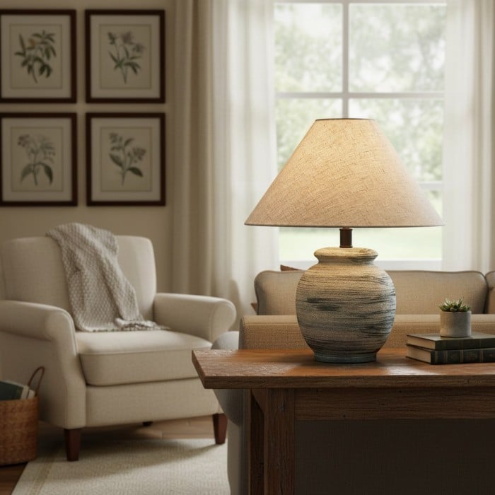 Ceravine Rustic Ceramic Base Table Lamp with Conical Fabric Shade – Elegant Accent Lighting for Home HL2364