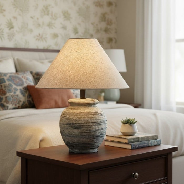 Ceravine Rustic Ceramic Base Table Lamp with Conical Fabric Shade – Elegant Accent Lighting for Home HL2364