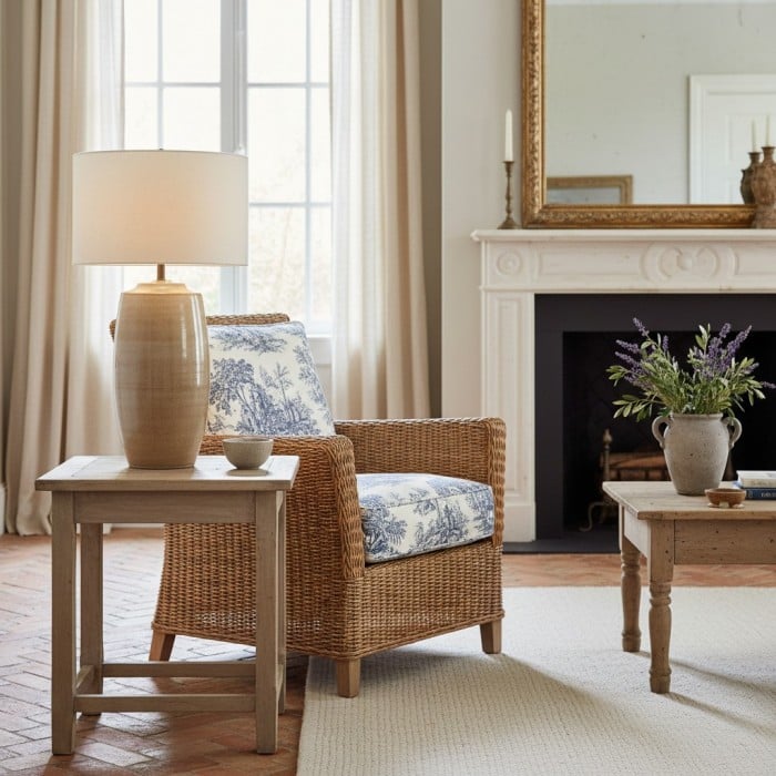 Ceruna Tischleuchte mit Leinenschirm und Keramikfuß – Metallgestell und Keramiksockel für die Bürobeleuchtung HL2398