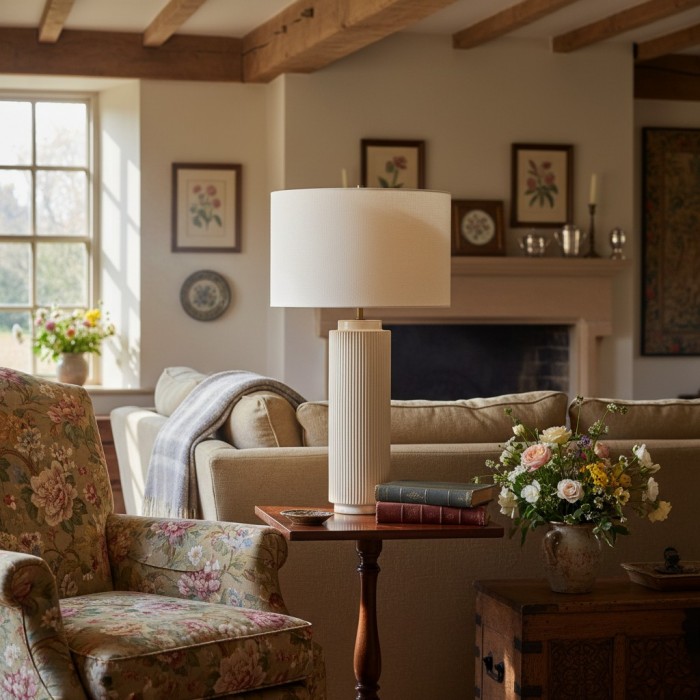 Ceruna Minimalistische Keramische Tafellamp - Keramische voet met linnen lampenkap HL2401