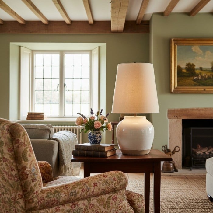 Lampe de chevet moderne en céramique Ceruna avec abat-jour en lin – Éclairage élégant pour chambre et salon HL2402