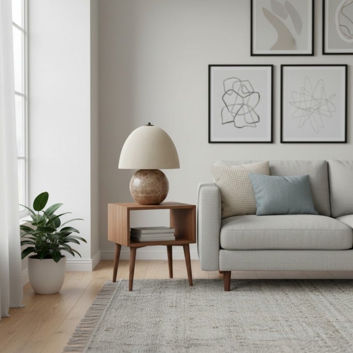 Lámpara de mesa Cordove con base esférica escultural, artística, pantalla de lino, para dormitorio y sala de estar HL2280