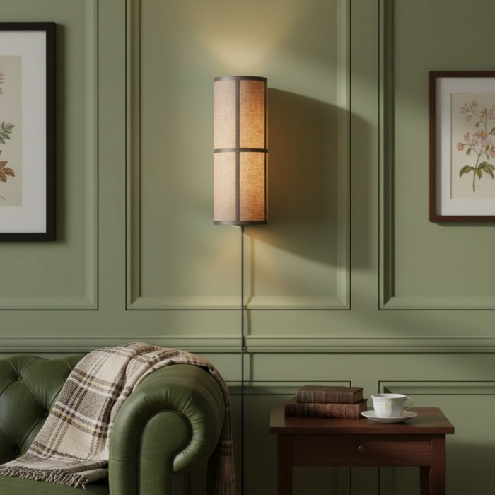 Lámpara de pared cilíndrica Cylume de tela con enchufe - Aplique minimalista para dormitorio y sala de estar HL2335