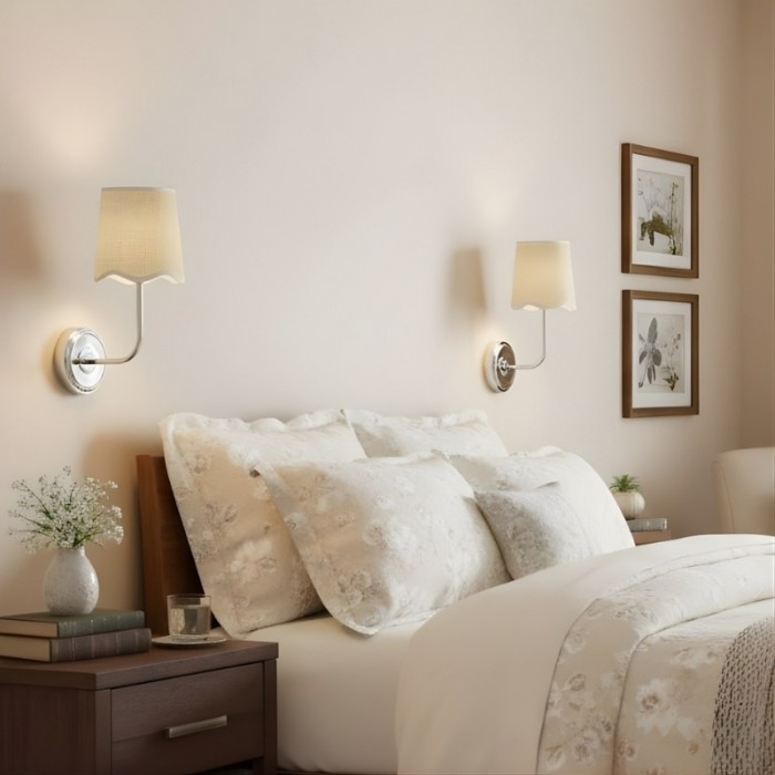 Współczesna lampa ścienna Glissum z metalu i lnu z miękkim, rozproszonym kloszem do przedpokoju lub wejścia HL2320