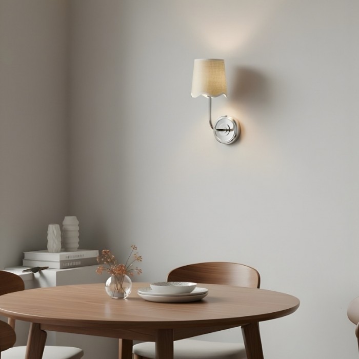 Współczesna lampa ścienna Glissum z metalu i lnu z miękkim, rozproszonym kloszem do przedpokoju lub wejścia HL2320