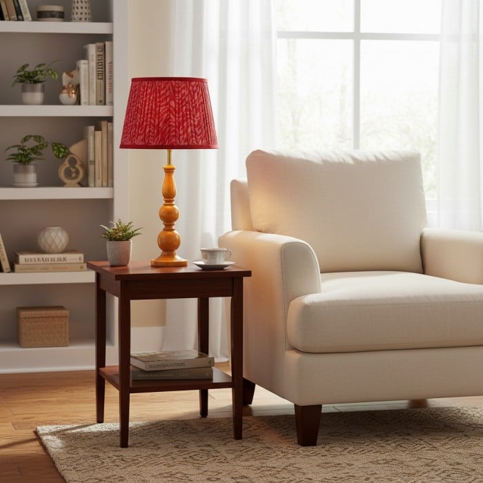 Lámpara de mesa Grainora con base de madera veteada y pantalla de tela para salas de estar HL2349