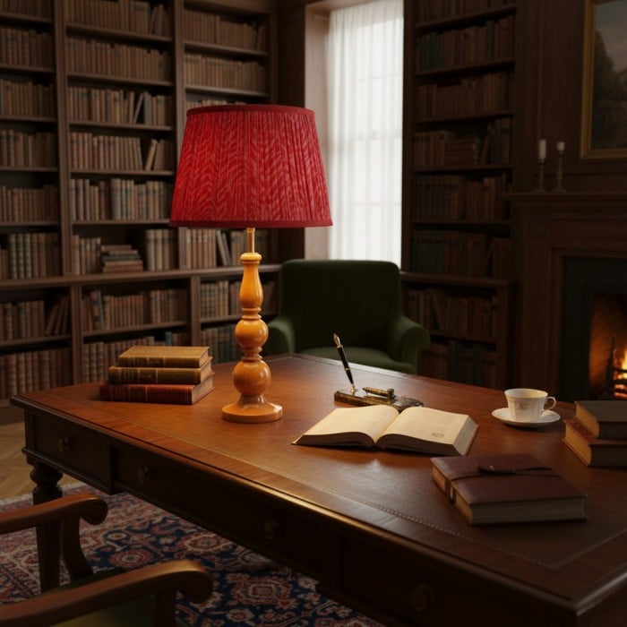 Lámpara de mesa Grainora con base de madera veteada y pantalla de tela para salas de estar HL2349