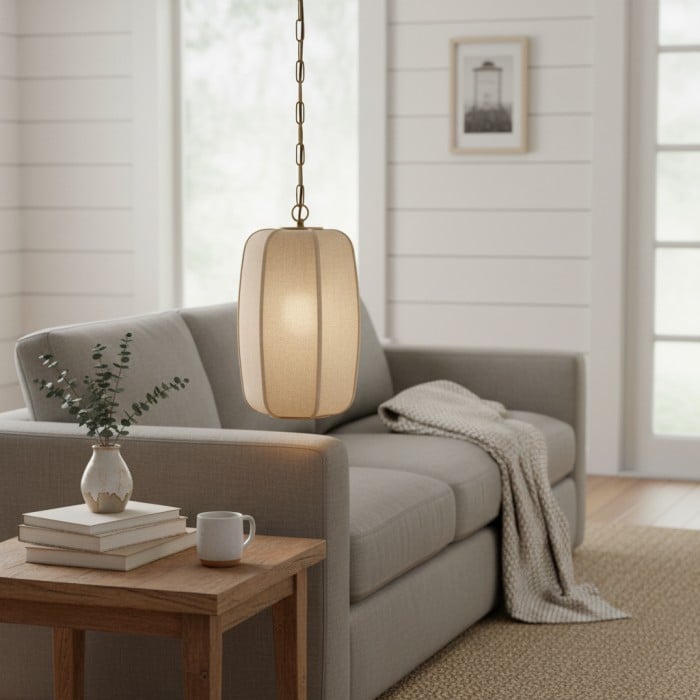 Loomis Tall Pendant – Textured Linen Shade Aged Brass Pendant for Dining Room and Kitchen HL2286