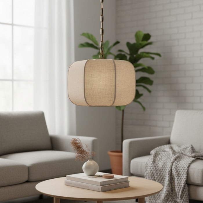 Loomis Tall Pendant – Textured Linen Shade Aged Brass Pendant for Dining Room and Kitchen HL2286