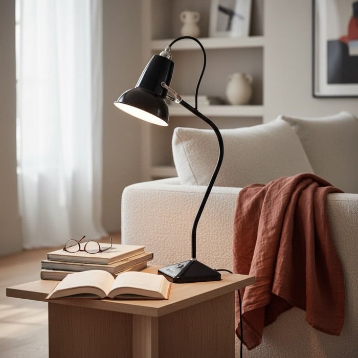 Lampa stołowa Modryx Mini – podstawa piramidy, klasyczny design do domu HL2354
