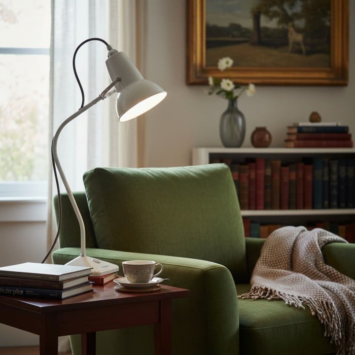 Lampa stołowa Modryx Mini – podstawa piramidy, klasyczny design do domu HL2354