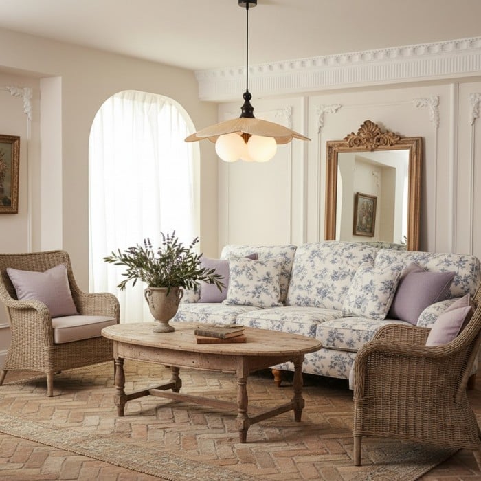 Lustre suspendu Orrise d'inspiration vintage à 3 lumières - Détails en bois, métal et tissu - Éclairage d'intérieur HL2331