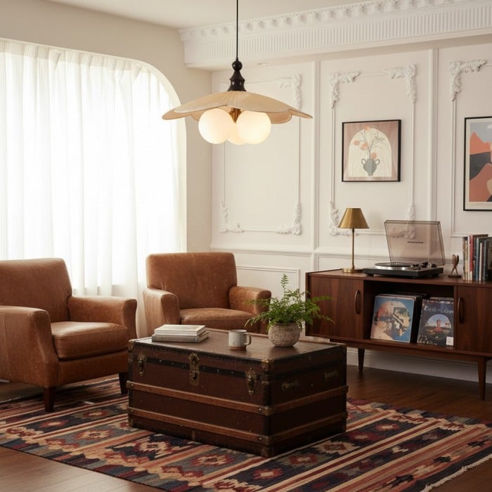 Lustre suspendu Orrise d'inspiration vintage à 3 lumières - Détails en bois, métal et tissu - Éclairage d'intérieur HL2331