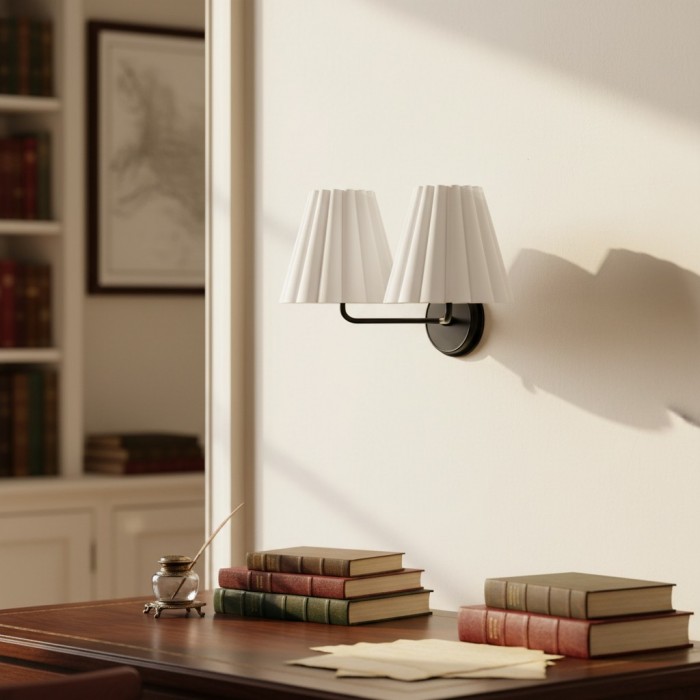 Ruffmeto stoffen wandlamp – met geplooide details op een sculpturaal metalen frame voor studeerkamer of hal HL2279