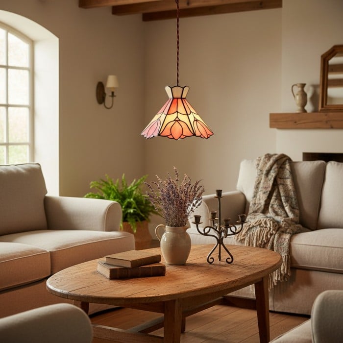 Sevra Floral Stained Glass Pendant Light Tiffany Inspired Hanging Ceiling Lamp for Living Room HL2347