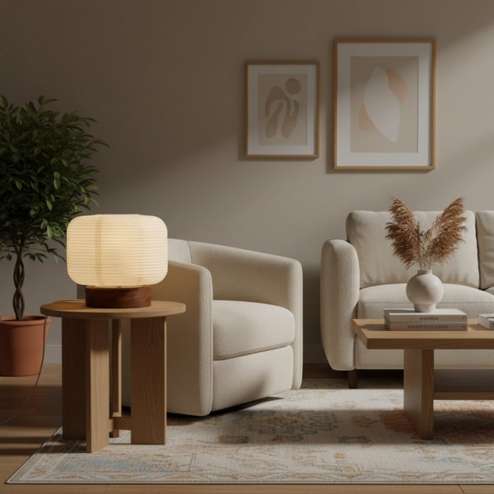 Lampa stołowa Tivo z japońskim prążkowanym abażurem – minimalistyczna lampa papierowa z podstawą z drewna HL2383
