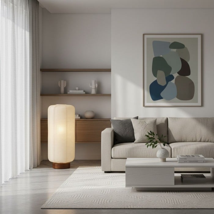 Lámpara de pie minimalista acanalada Tivo: base sencilla de madera maciza con pantalla de papel, ideal para salón y dormitorio