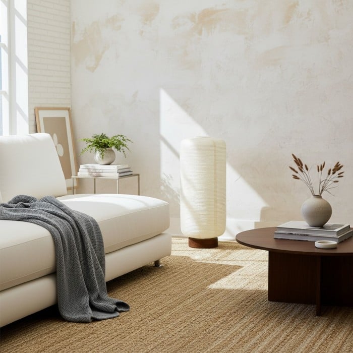 Lámpara de pie minimalista acanalada Tivo: base sencilla de madera maciza con pantalla de papel, ideal para salón y dormitorio