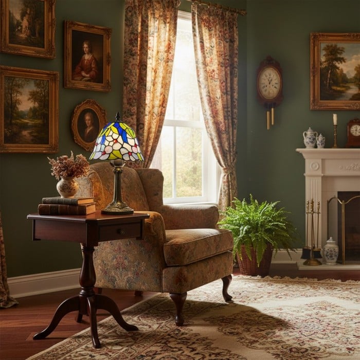 Virelle Traditionele Tiffany Tafellamp – Kleurrijke Bureaulamp met Glas-in-lood Koepel voor Slaapkamer HL2337